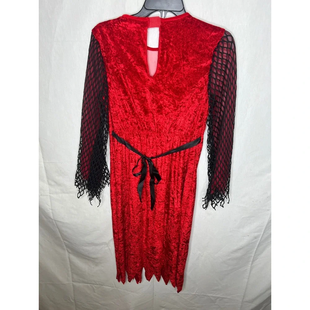 PMG Halloween Girls Red Crushed Velvet Vampire Costume Dress Black Fishnet Large